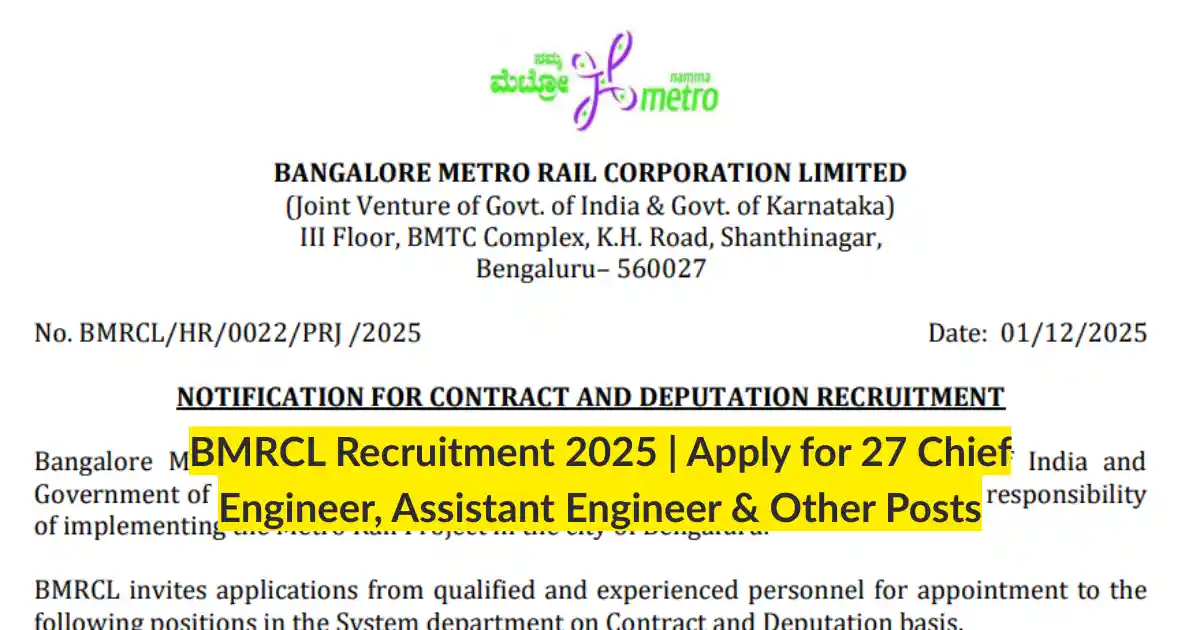 BMRCL Recruitment 2025 Apply for 27 Chief Engineer, Assistant Engineer & Other Posts