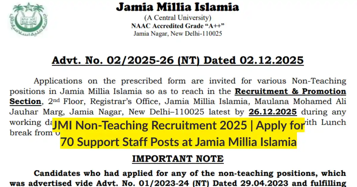 JMI Non-Teaching Recruitment 2025 Apply for 70 Support Staff Posts at Jamia Millia Islamia