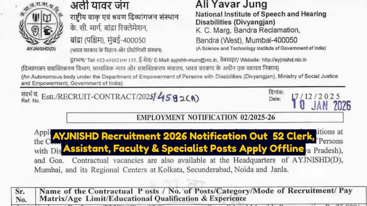 AYJNISHD Recruitment 2026 Notification Out 52 Clerk, Assistant, Faculty & Specialist Posts Apply Offline