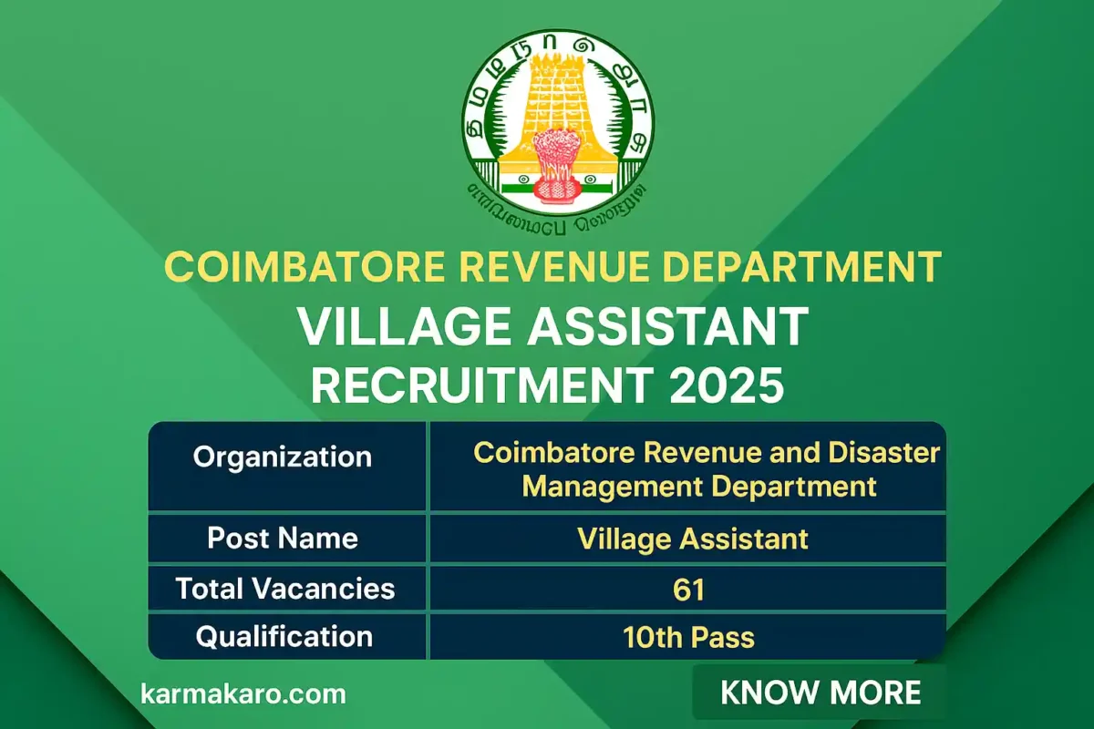 Coimbatore Revenue Department Village Assistant Recruitment 2025 – 61 Vacancies Offline