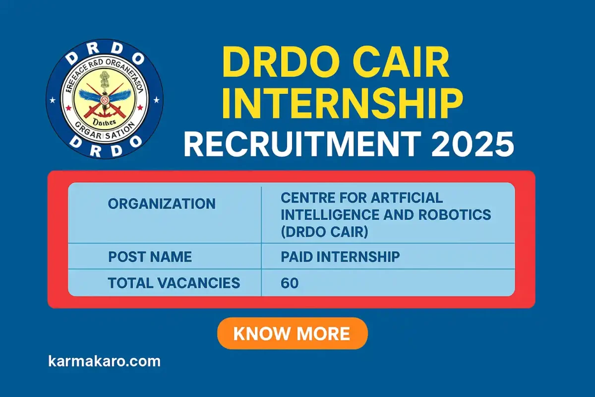 DRDO CAIR Internship Recruitment 2025 Apply for 60 Paid Internship Positions