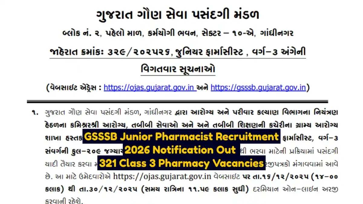 GSSSB Junior Pharmacist Recruitment 2026 Notification Out 321 Class 3 Pharmacy Vacancies