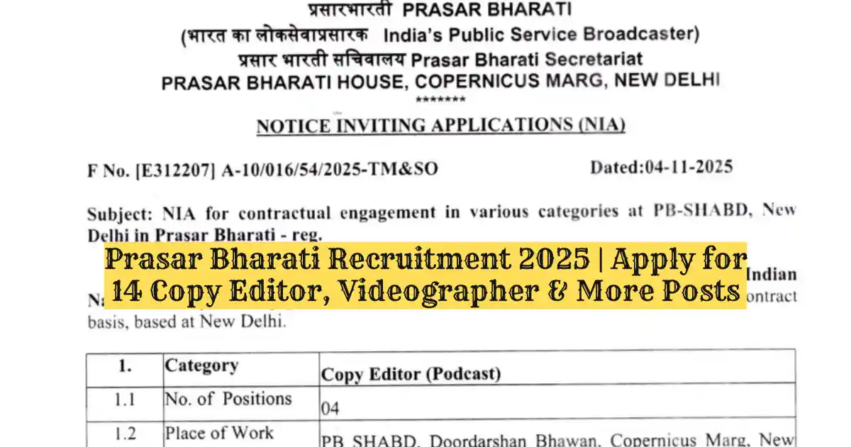 Prasar Bharati Recruitment 2025 Apply for 14 Copy Editor, Videographer & More Posts