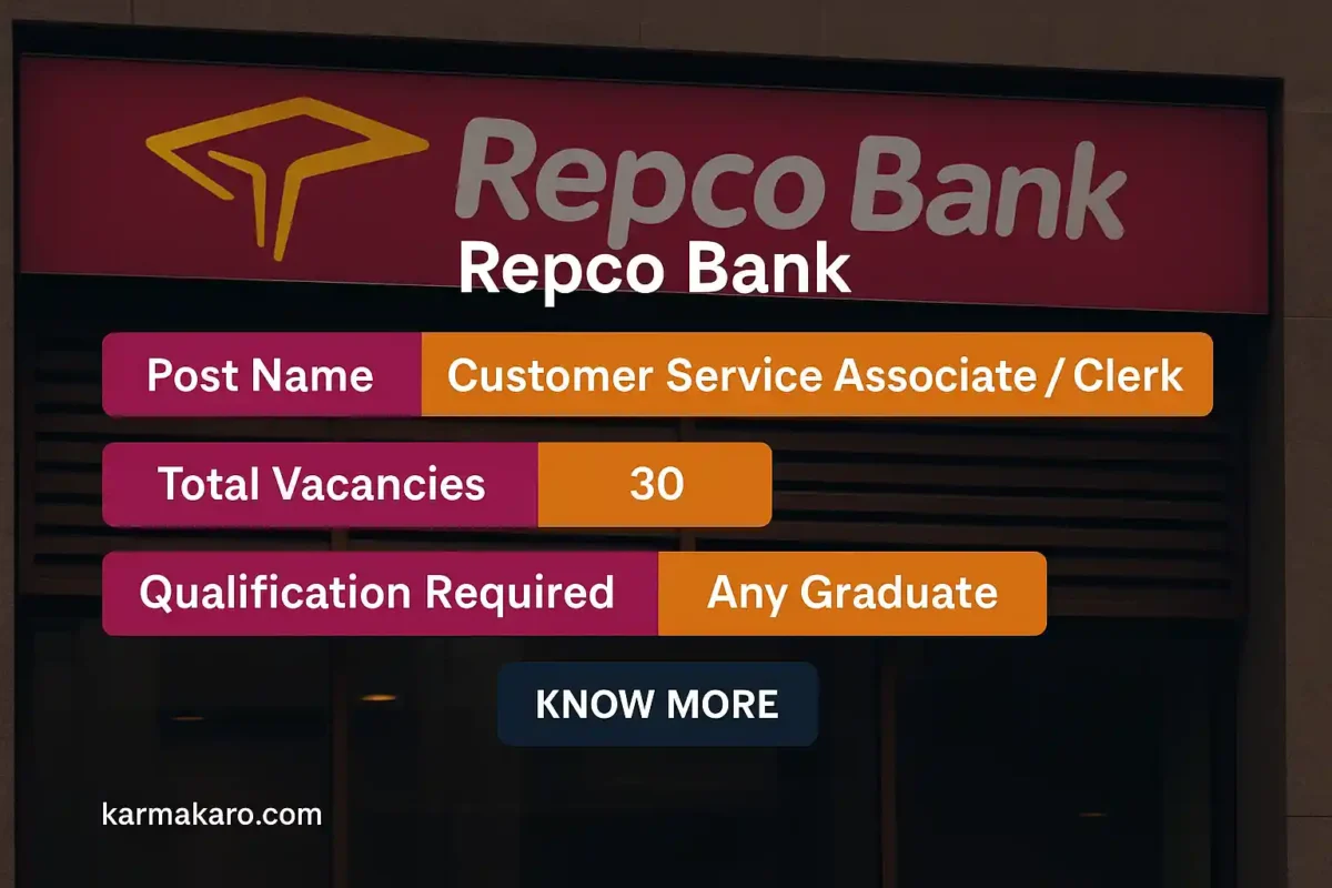 Repco Bank Recruitment 2025 - Apply Online for 30 Customer Service Associate (Clerk) Posts