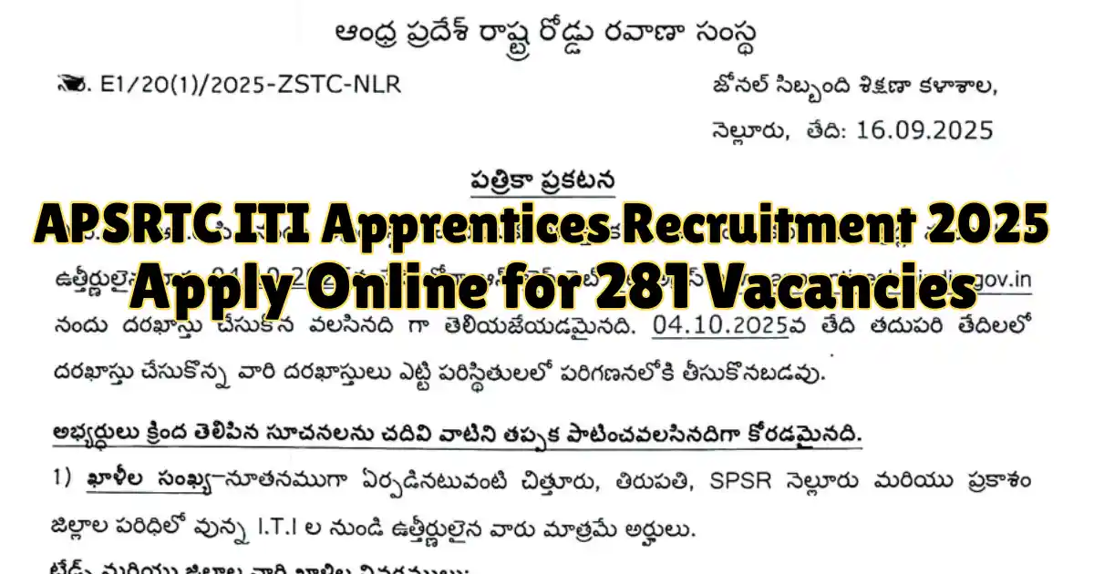 APSRTC ITI Apprentices Recruitment 2025 Apply Online for 281 Vacancies