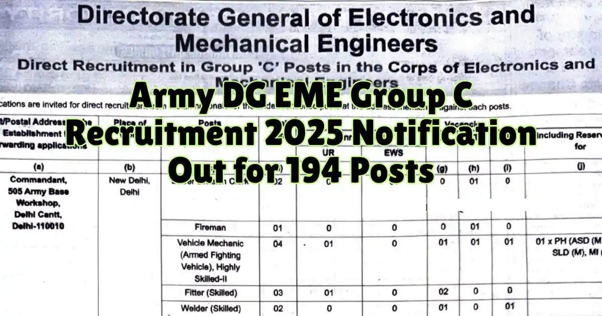 Army DG EME Group C Recruitment 2025 Notification Out for 194 Posts