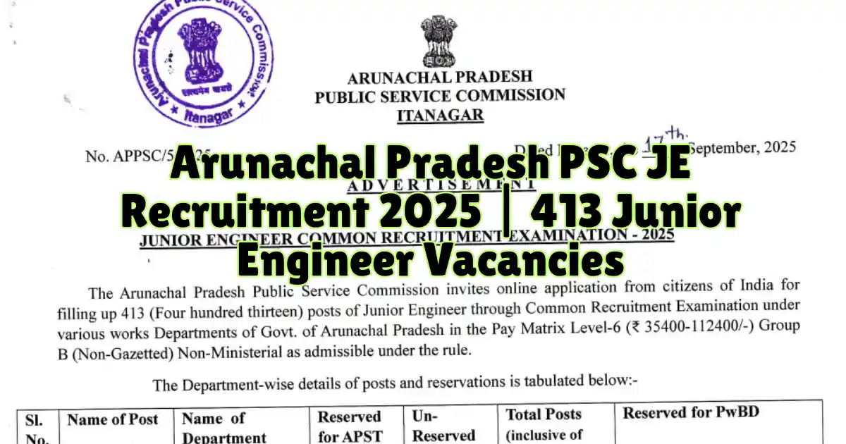 Arunachal Pradesh PSC JE Recruitment 2025 413 Junior Engineer Vacancies