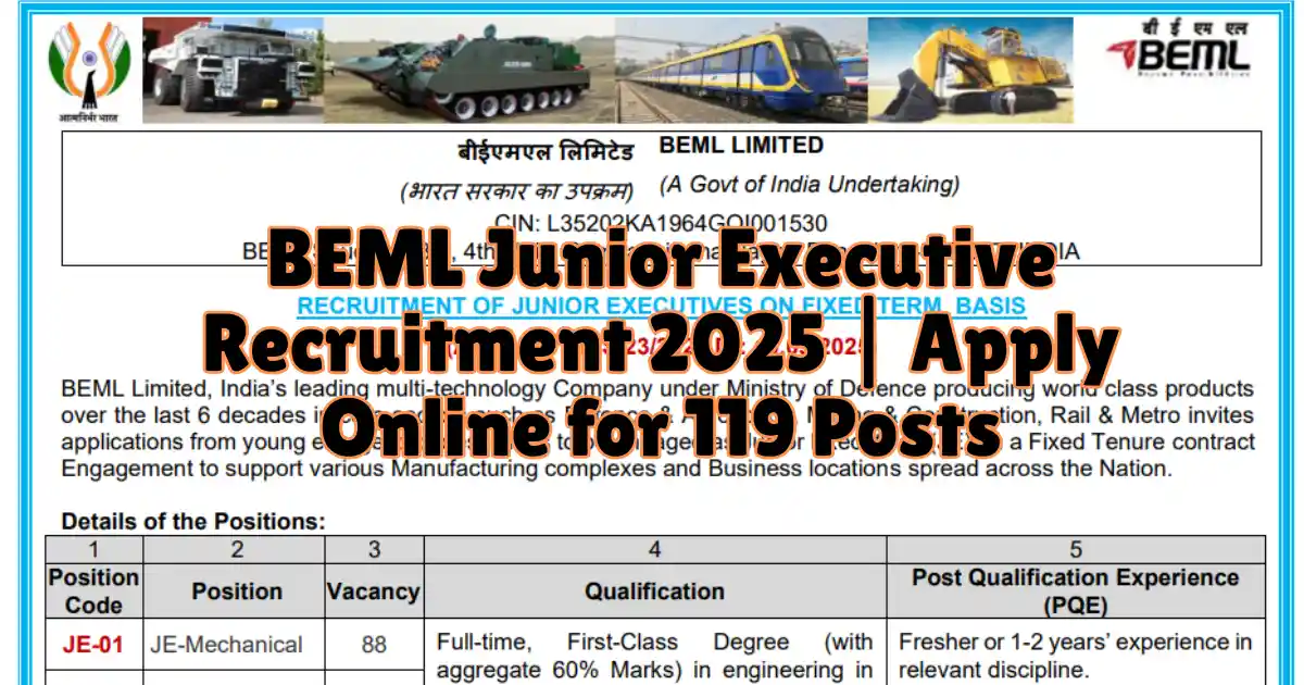 BEML Junior Executive Recruitment 2025 Apply Online for 119 Posts