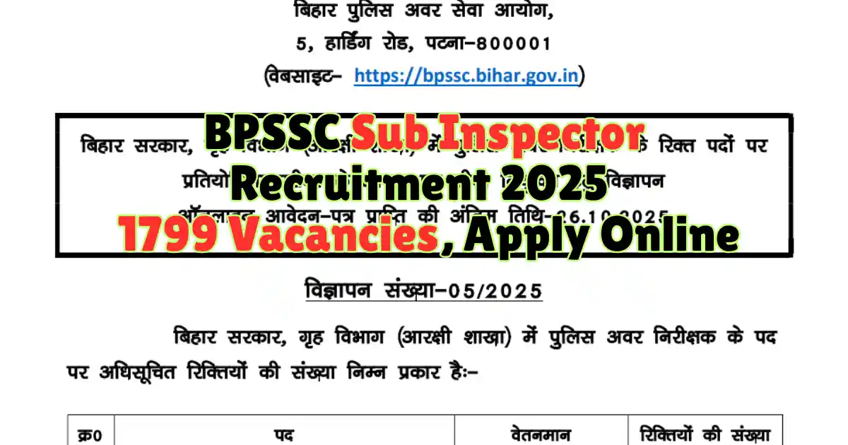 BPSSC Sub Inspector Recruitment 2025 1799 Vacancies, Apply Online
