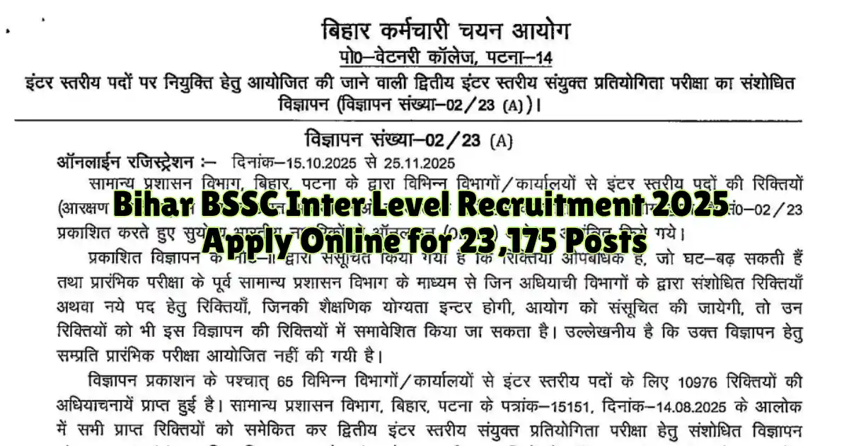 Bihar BSSC Inter Level Recruitment 2025 Apply Online for 23,175 Posts