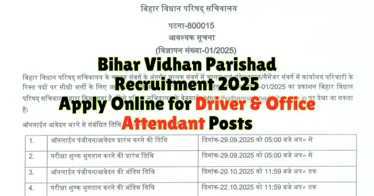 Bihar Vidhan Parishad Recruitment 2025 Apply Online for Driver & Office Attendant Posts