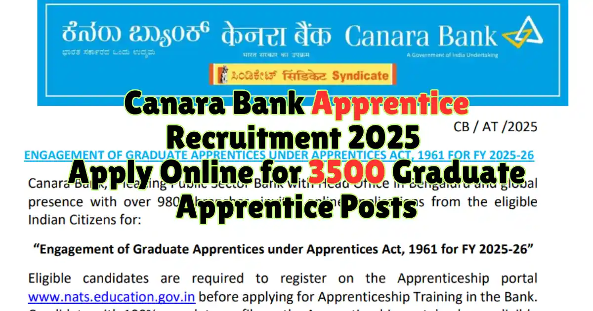 Canara Bank Apprentice Recruitment 2025 Apply Online for 3500 Graduate Apprentice Posts