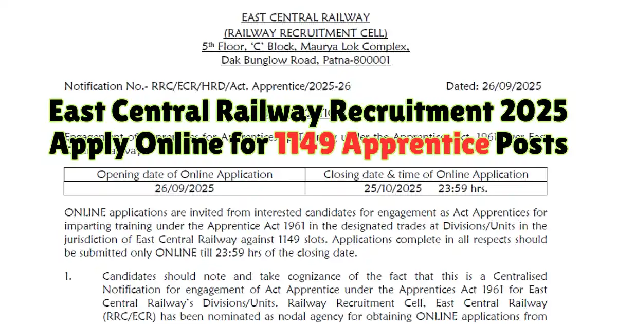 East Central Railway Recruitment 2025 Apply Online for 1149 Apprentice Posts
