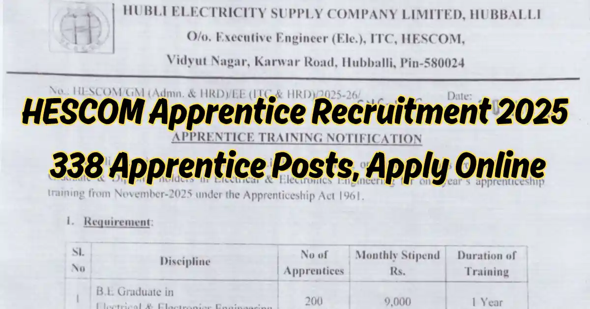HESCOM Apprentice Recruitment 2025 338 Apprentice Posts, Apply Online