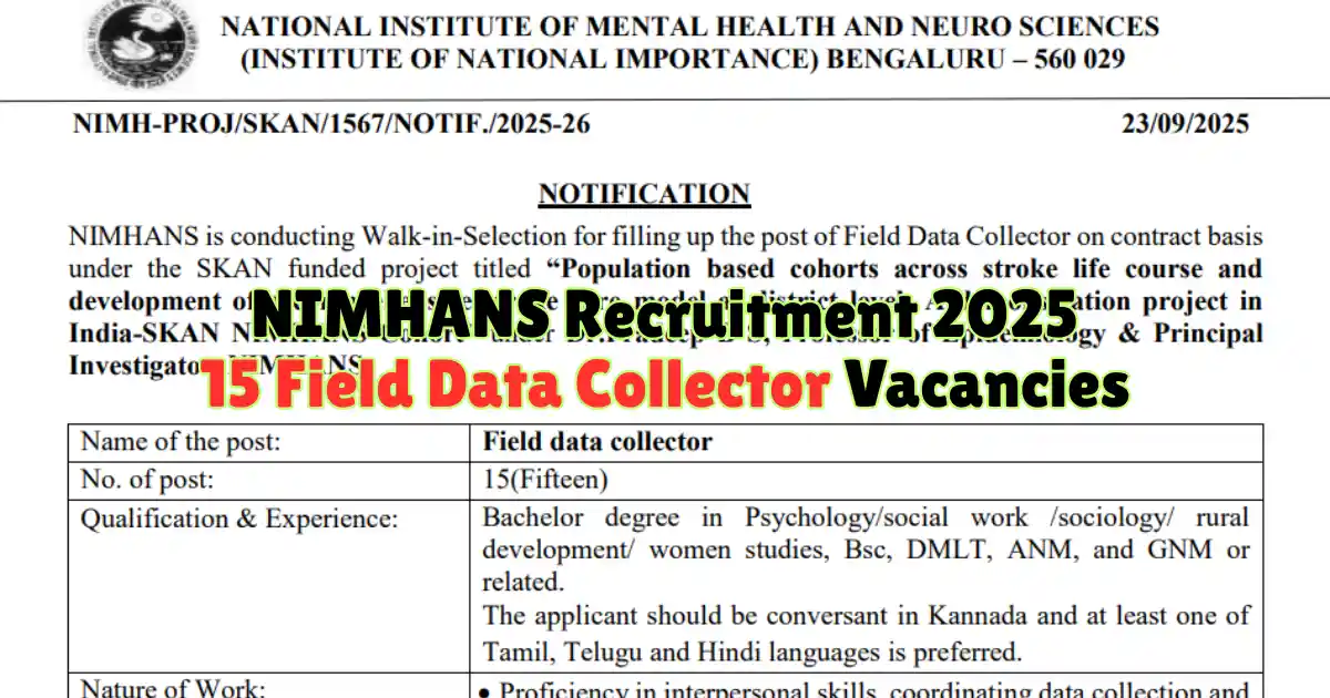 NIMHANS Recruitment 2025 15 Field Data Collector Vacancies