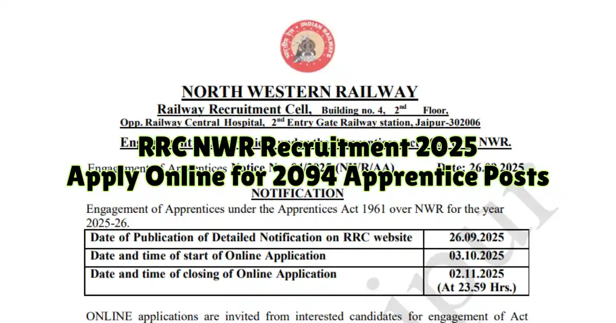 RRC NWR Recruitment 2025 Apply Online for 2094 Apprentice Posts