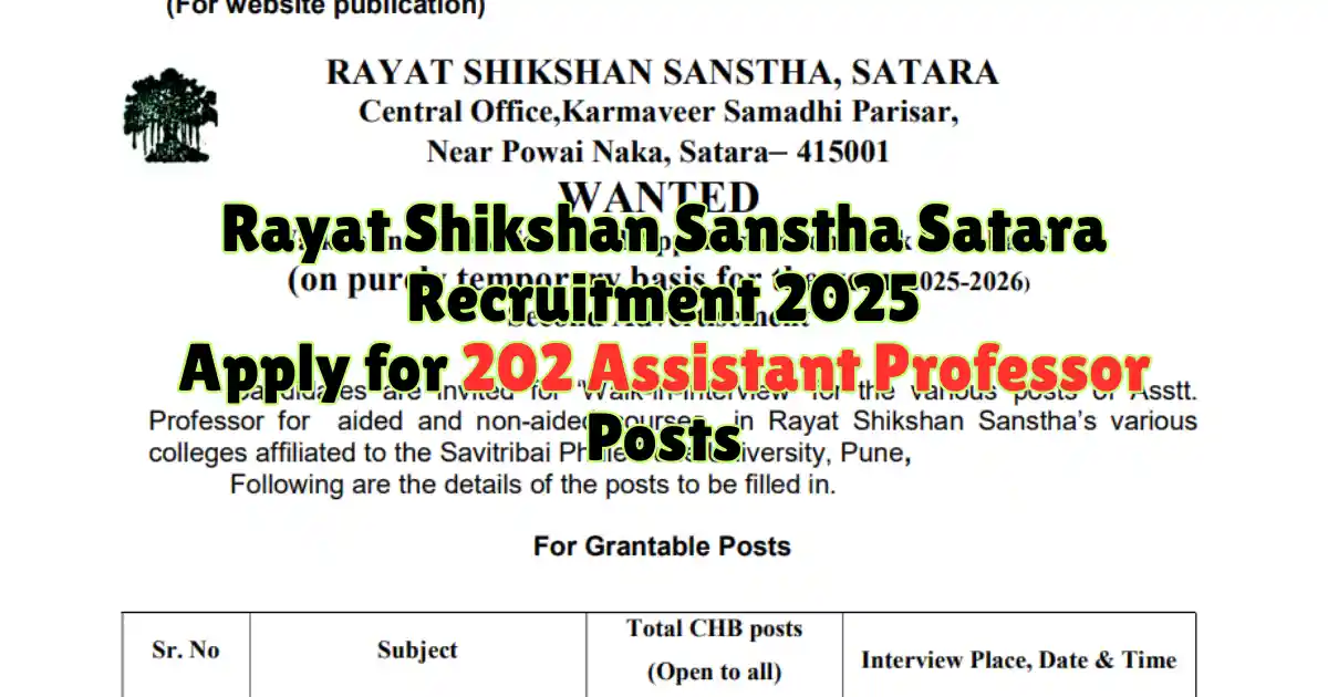 Rayat Shikshan Sanstha Satara Recruitment 2025 Apply for 202 Assistant Professor Posts