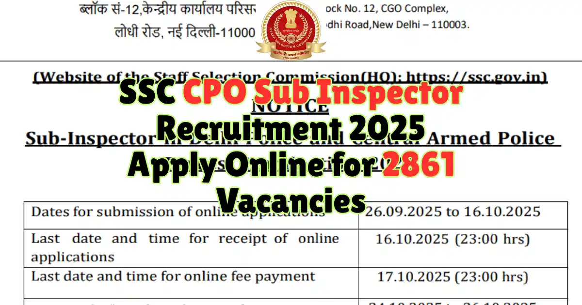 SSC CPO Sub Inspector Recruitment 2025 Apply Online for 2861 Vacancies