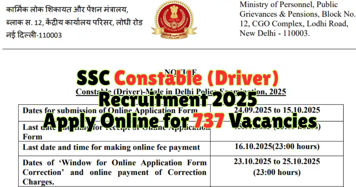 SSC Constable (Driver) Recruitment 2025 Apply Online for 737 Vacancies