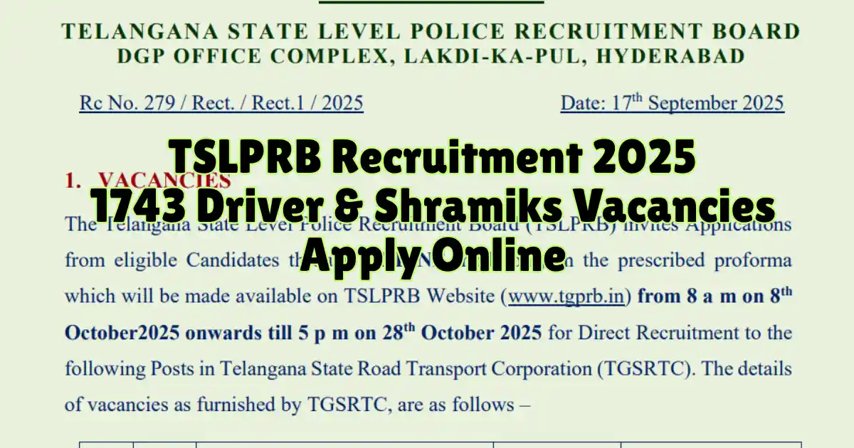TSLPRB Recruitment 2025 1743 Driver & Shramiks Vacancies Apply Online