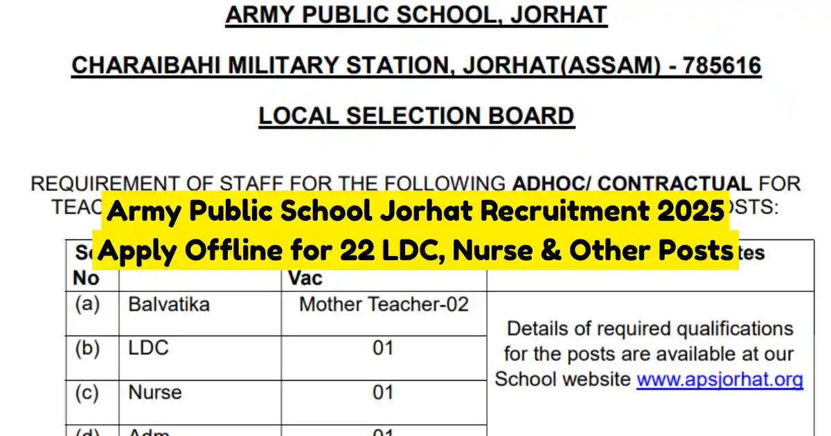 Army Public School Jorhat Recruitment 2025 Apply Offline for 22 LDC, Nurse & Other Posts