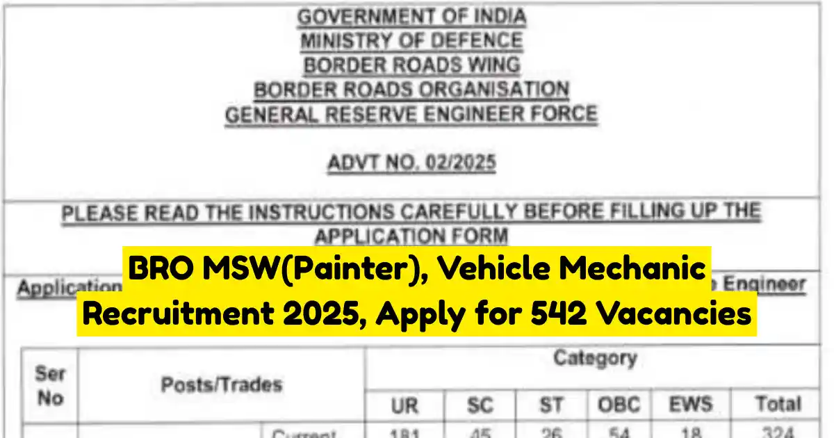 BRO MSW(Painter), Vehicle Mechanic Recruitment 2025 Apply for 542 Vacancies