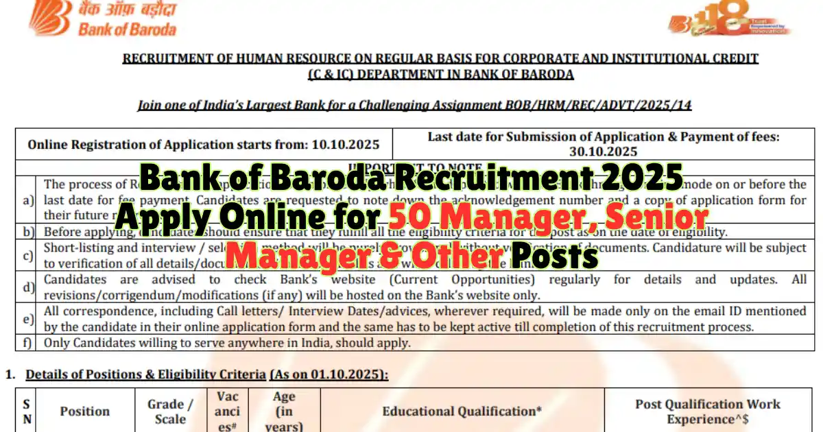 Bank of Baroda Recruitment 2025 Apply Online for 50 Manager, Senior Manager & Other Posts
