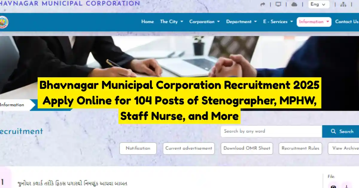 Bhavnagar Municipal Corporation Recruitment 2025 Apply Online for 104 Posts of Stenographer, MPHW, Staff Nurse, and More