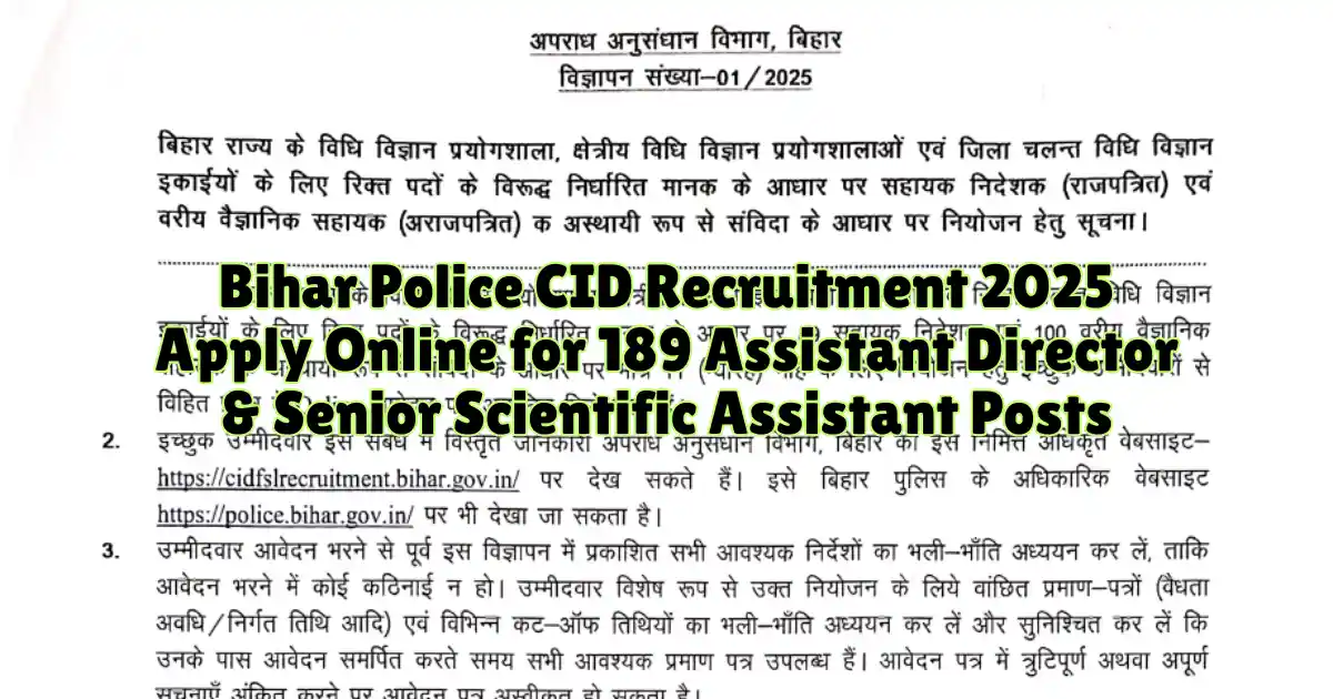 Bihar Police CID Recruitment 2025 Apply Online for 189 Assistant Director & Senior Scientific Assistant Posts