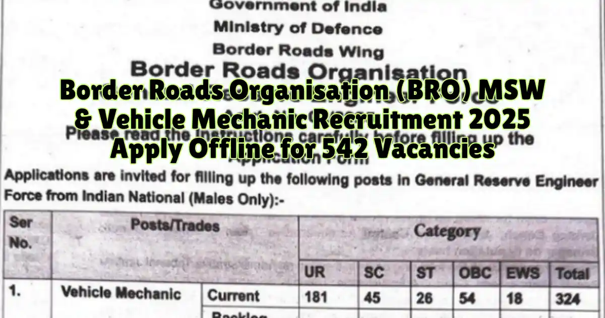 Border Roads Organisation (BRO) MSW & Vehicle Mechanic Recruitment 2025 Apply Offline for 542 Vacancies