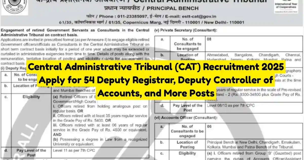 Central Administrative Tribunal (CAT) Recruitment 2025 Apply for 54 Deputy Registrar, Deputy Controller of Accounts, and More Posts