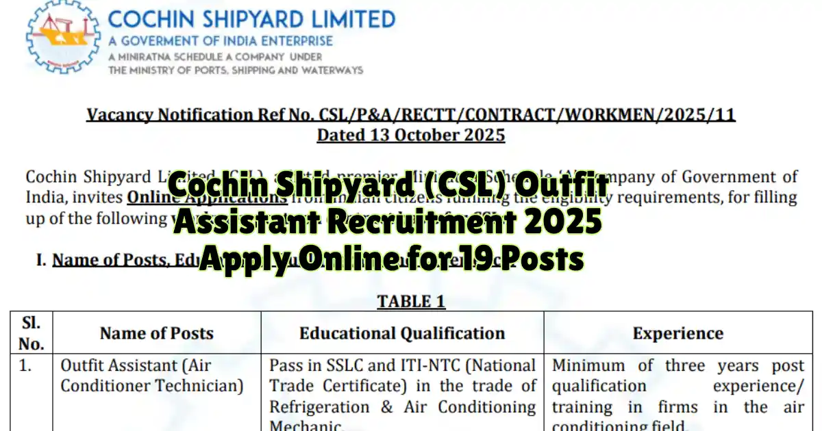 Cochin Shipyard (CSL) Outfit Assistant Recruitment 2025 Apply Online for 19 Posts