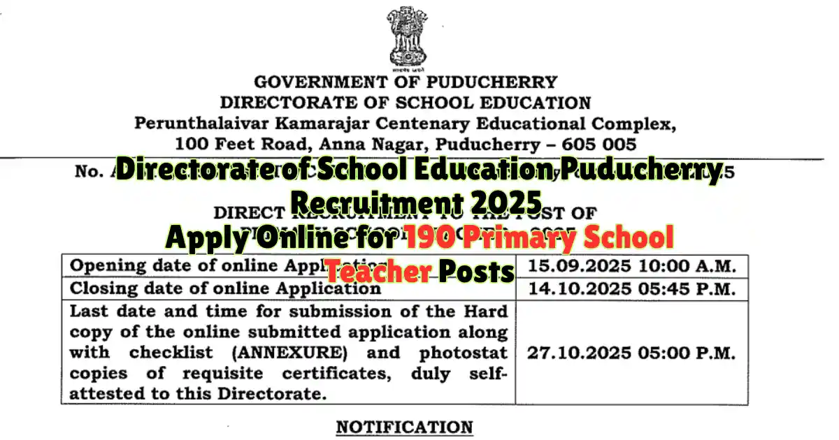 Directorate of School Education Puducherry Recruitment 2025 Apply Online for 190 Primary School Teacher Posts