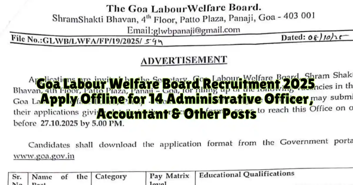 Goa Labour Welfare Board Recruitment 2025 Apply Offline for 14 Administrative Officer, Accountant & Other Posts