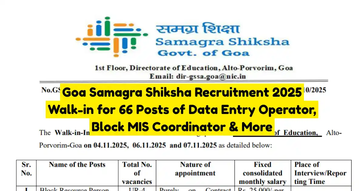 Goa Samagra Shiksha Recruitment 2025 Walk-in for 66 Posts of Data Entry Operator, Block MIS Coordinator & More