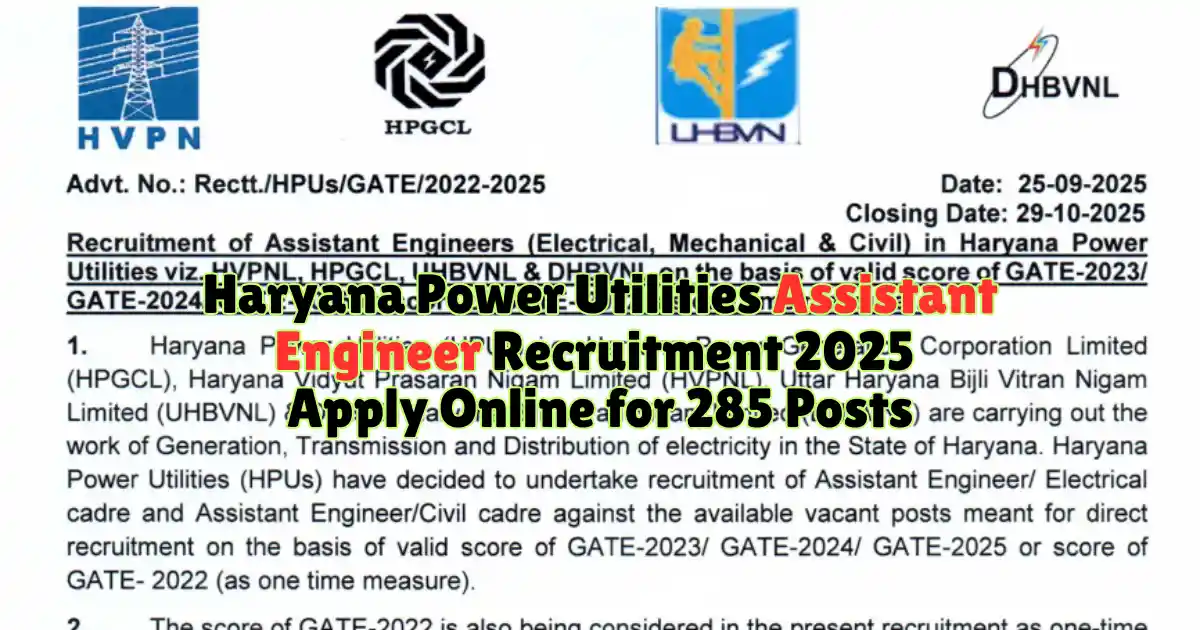 Haryana Power Utilities Assistant Engineer Recruitment 2025 Apply Online for 285 Posts
