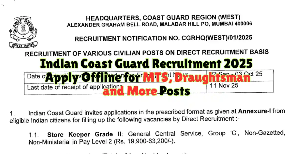 Indian Coast Guard Recruitment 2025 Apply Offline for MTS, Draughtsman and More Posts