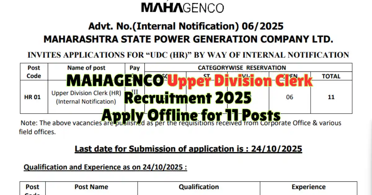 MAHAGENCO Upper Division Clerk Recruitment 2025 Apply Offline for 11 Posts