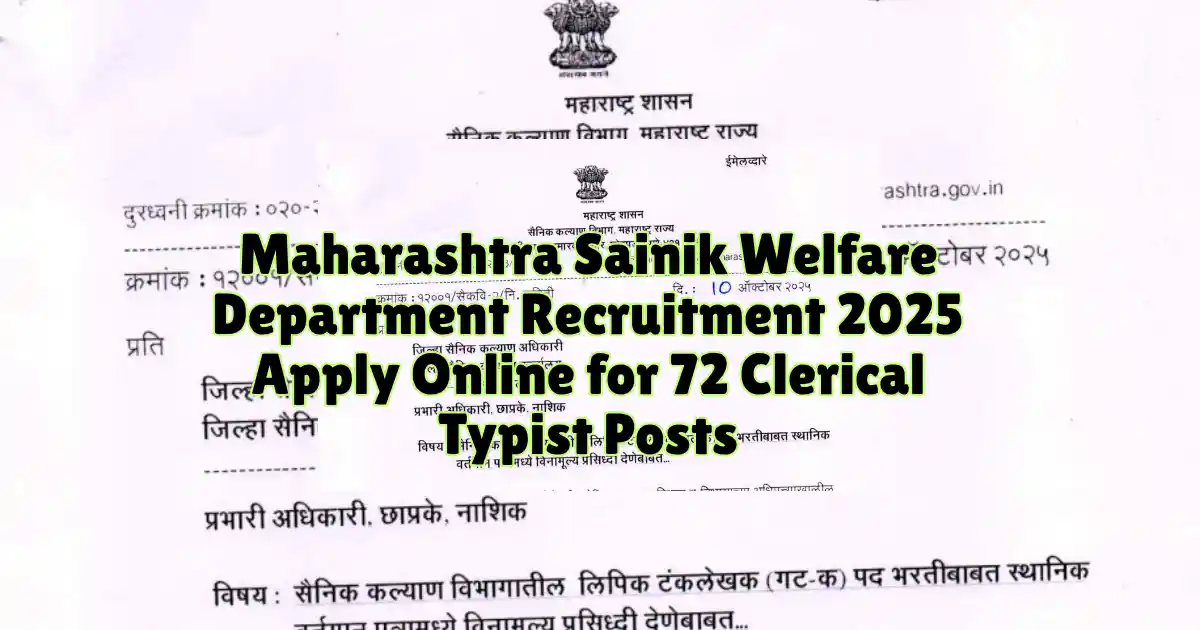 Maharashtra Sainik Welfare Department Recruitment 2025 Apply Online for 72 Clerical Typist Posts