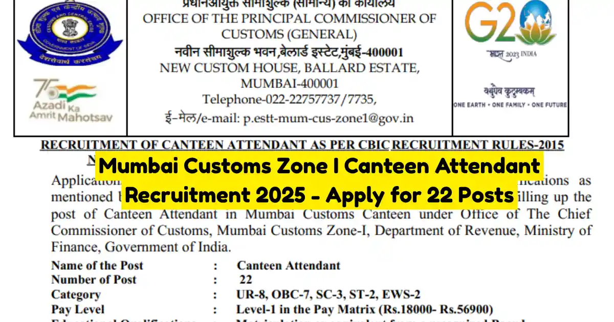 Mumbai Customs Zone I Canteen Attendant Recruitment 2025 Apply Offline for 22 Posts