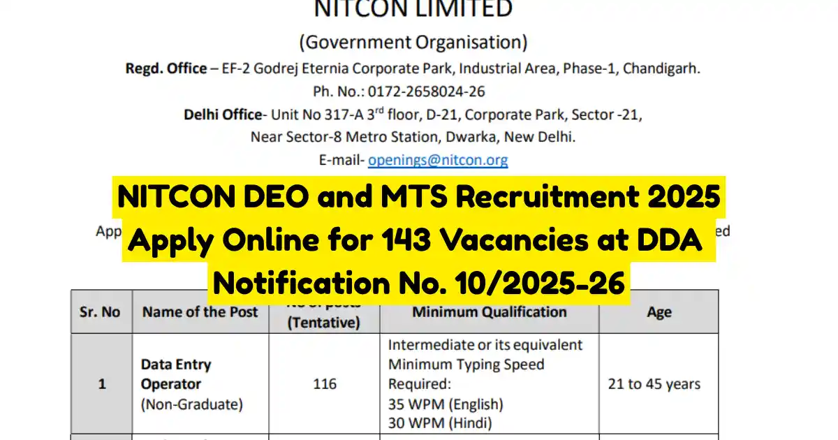 NITCON DEO and MTS Recruitment 2025 Apply Online for 143 Vacancies at DDA Notification No. 102025-26