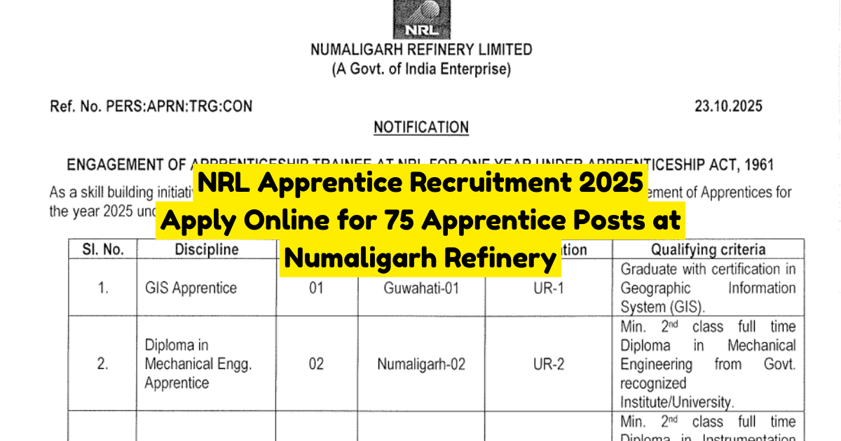 NRL Apprentice Recruitment 2025 | Apply Online for 75 Apprentice Posts at Numaligarh Refinery