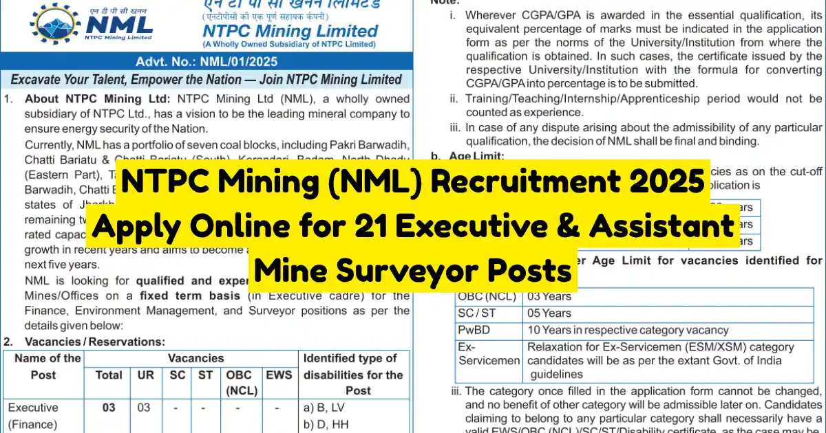 NTPC Mining (NML) Recruitment 2025 Apply Online for 21 Executive & Assistant Mine Surveyor Posts