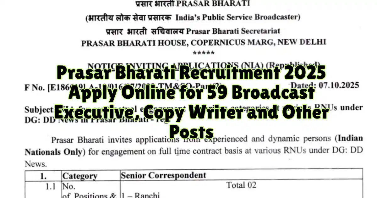 Prasar Bharati Recruitment 2025 Apply Online for 59 Broadcast Executive, Copy Writer and Other Posts