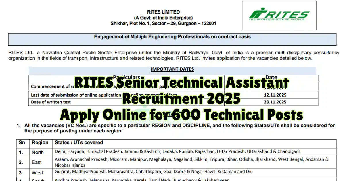 RITES Senior Technical Assistant Recruitment 2025 Apply Online for 600 Technical Posts