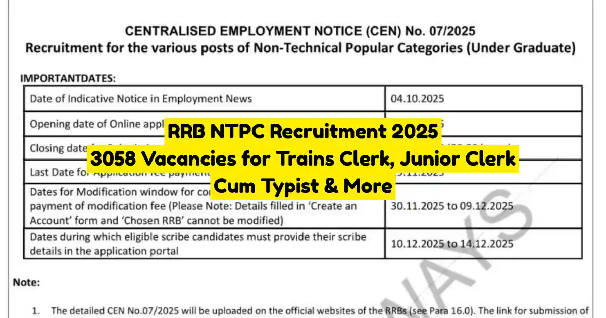 RRB NTPC Recruitment 2025 3058 Vacancies for Trains Clerk, Junior Clerk Cum Typist & More