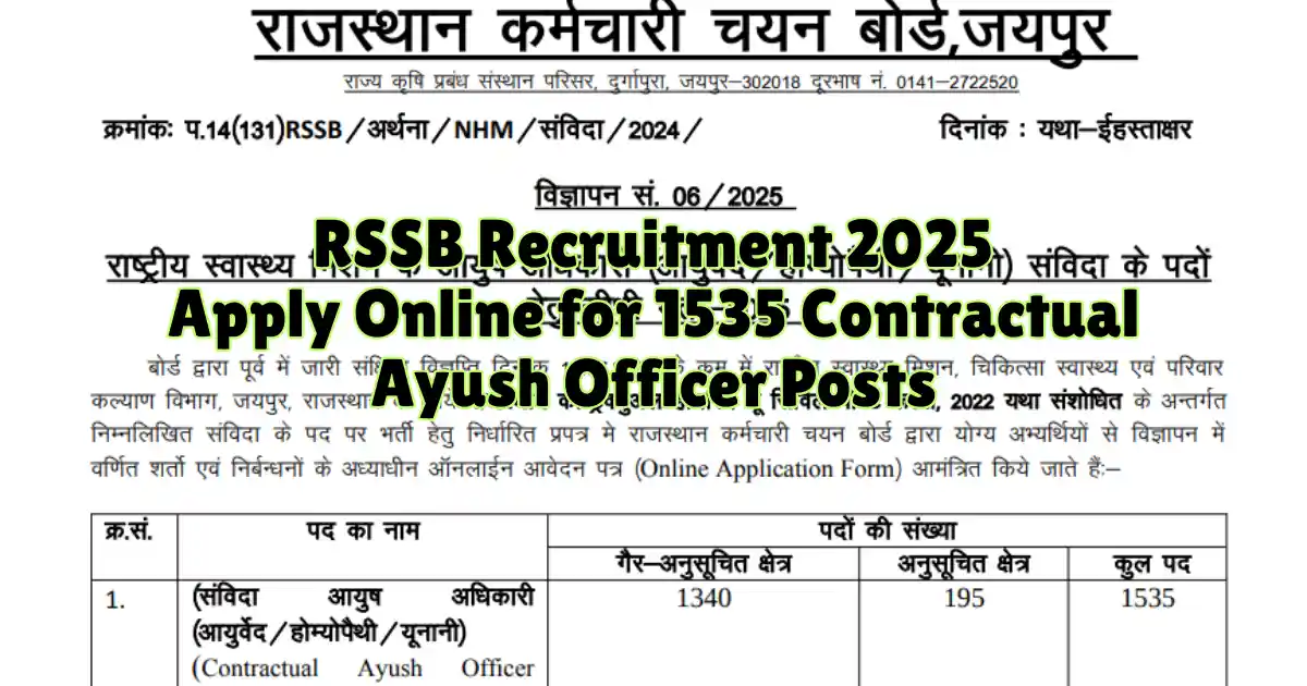 RSSB Recruitment 2025 Apply Online for 1535 Contractual Ayush Officer Posts