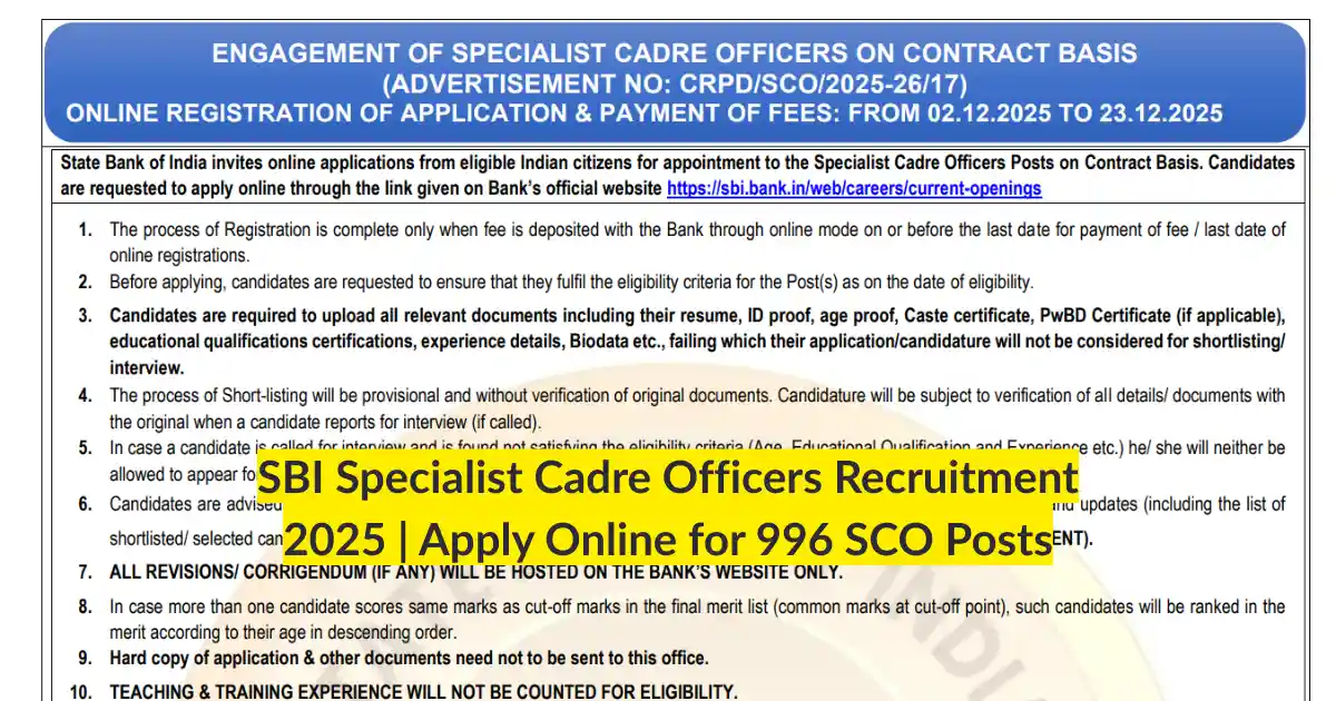 SBI Specialist Cadre Officers Recruitment 2025 Apply Online for 996 SCO Posts
