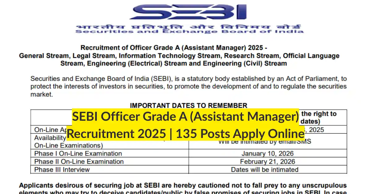 SEBI Officer Grade A (Assistant Manager) Recruitment 2025 135 Posts Apply Online