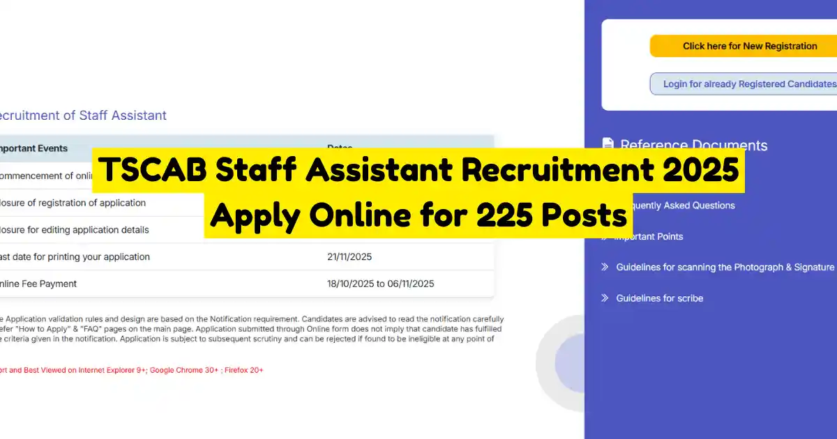 TSCAB Staff Assistant Recruitment 2025 Apply Online for 225 Posts